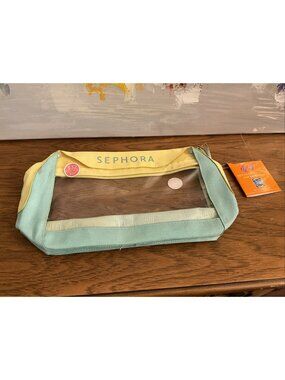 Sephora Aqua & Yellow Canvas + Clear Transparent Makeup Toiletries Bag Zip Top